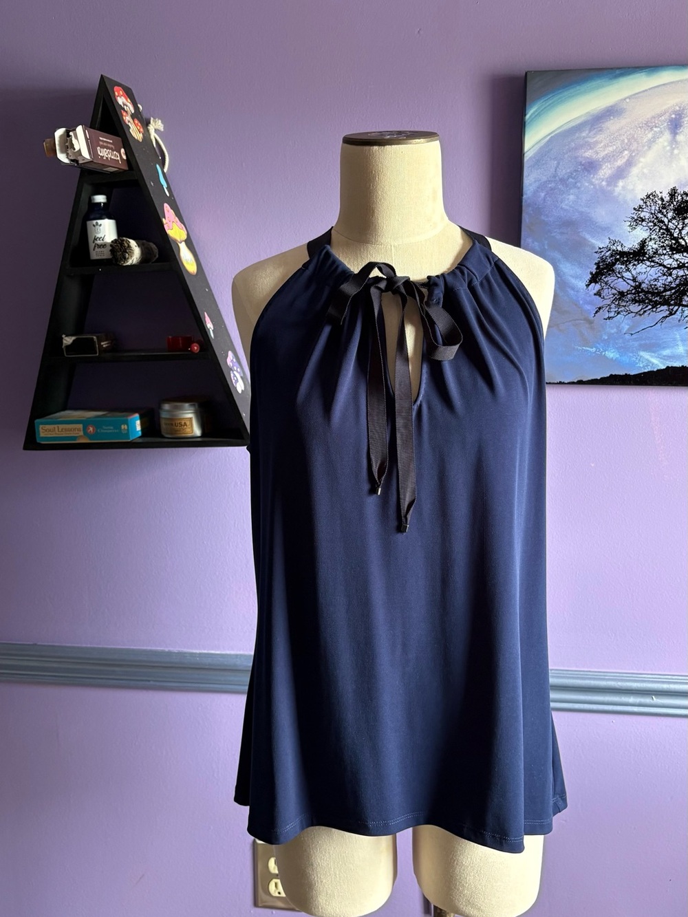 T Tahari Navy Halter Tie-Neck Camisole